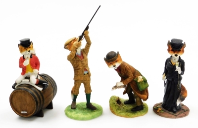 Three Border Fine Arts fox hunting group figures, comprising Uncle Monty AZ0110, 25cm high, Isaac AZ0257, 16cm high, Lady Reynard A7654, 18cm high, together with a novelty fox money box.