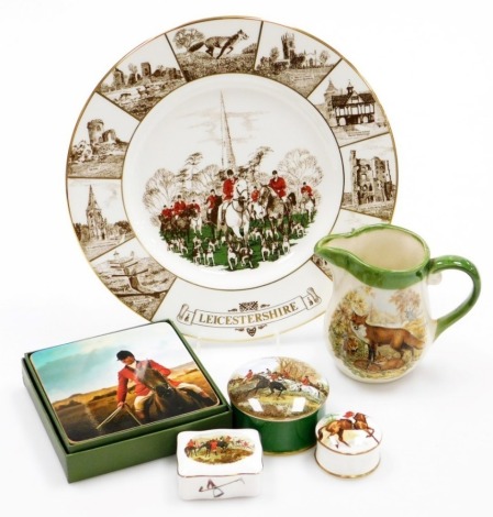 A group of hunting related items, a set of Country Matters coasters, a Crown Staffordshire pin dish, a Present Company pin dish, Hammersley pin dish, fox and fox cub milk jug, and a Coalport Leicestershire plate, limited edition number 98/250. (6)