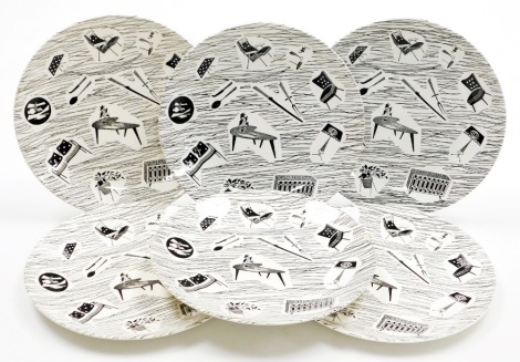 A set of six Ridgway Pottery Homemaker plates, each in black and white design, 25cm diameter.