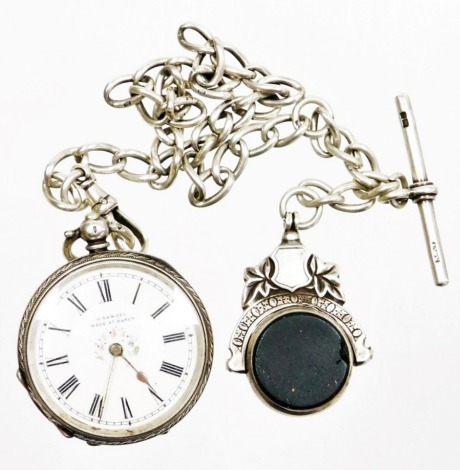 A H Samuel Buren silver pocket watch and chain, the silver fob watch with heavily embossed floral detailing throughout and vacant shield to reverse, with a seventeen jewel movement, key wind on a curb link watch chain, white metal marked 925, with a silve