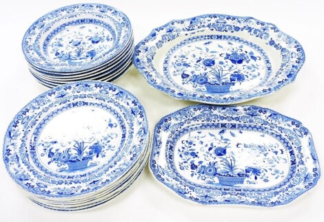 A 19thC Dresden pattern part transfer printed blue and white service, to include serving dish, sandwich plate and plates 25cm wide, each decorated with flowers in an outer floral and geometric banding. (a quantity)