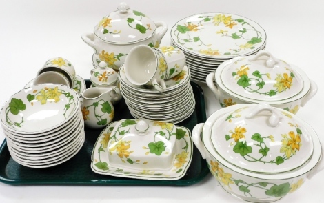 A Villeroy and Bosch Geranium pattern part dinner service, to include plates 26cm wide, butter dish, cups, saucers, bowls, milk jug with beak spout, etc., printed marks beneath, part settings for twelve. (a quantity)