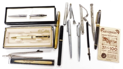 Various pens, to include a black barrel with gilt trim example, 13cm wide, pencils, lids, the townswoman pen, ball point in chrome case, Waterman's 513, etc. (a quantity)