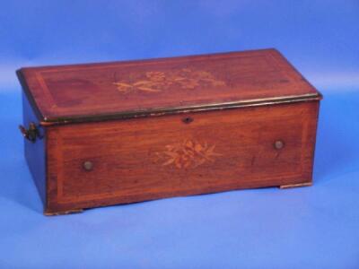 A late 19thC continental rosewood cased bell and drum cylinder musical box