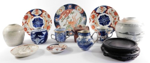 A group of Chinese pottery and porcelain, 18thC onwards, including ginger jars, a blue and white sparrow beak cream jug, tankard, Imari dishes, and a twin handled porcelain chocolate cup and cover. (a quantity, AF)