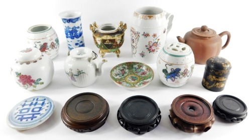 Chinese and Japanese pottery and porcelain, 18thC onwards, including a famille rose export tankard, painted with flowers, ginger jar, lacquer box and cover, stands, etc. (a quantity, AF)