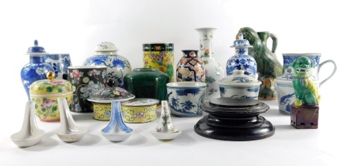 Chinese 18thC and later pottery and porcelain, including blue and white vases and covers, tankards, green glaze parrot jug, rice spoons, etc. (a quantity, AF)