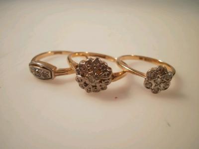 Three tiny diamond set cluster rings in the Art Deco style