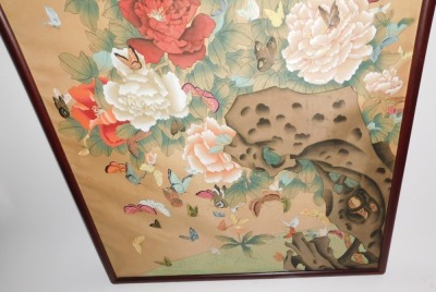 A Chinese early 20thC painted watercolour, decorated with an assortment of butterflies and peonies, signed, framed, 134cm x 62cm. - 3