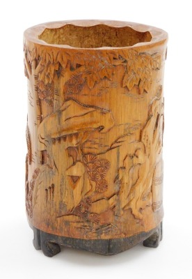 A Chinese Republic bamboo brush pot, carved in relief with Confucius, a dragon and trees, on an integral base, 17cm high. - 3