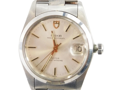 A Tudor Prince Oyster Date Rotor Self Winding gents wristwatch, with silvered coloured dial and gold pointers, with raised date aperture, in a stainless steel case, numbered 783919 and 361B to lugs, the dial 2.5cm wide, on stainless steel strap, with addi