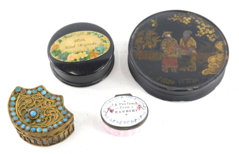 A 19thC enamel patch box, a present from Banbury of oval form with metal mounts and mirrored interior, 4cm wide, (AF), a Mother of Pearl leaf shaped section, a 19thC Chinese design lacquered box of circular form a further with kind regards and a gilt meta