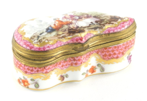 A 19thC continental enamel box, of shaped form, profusely decorated with figures of a courting couple, with pink and gilt lined borders, metal mounts, plain interior and X mark beneath, 4cm high.