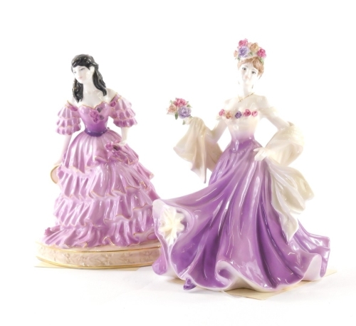 A Coalport English Rose collection 1996 Limited edition figure, Blue Moon, number 949 of 1000, with certificate, printed marks beneath, 19cm high, and another The Flower Ladies collection, Sweetest Rose, number 1761 of 2000, with certificate. (2)