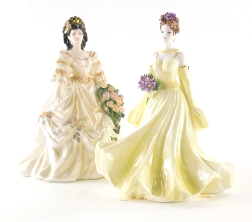 A Coalport The Flower Ladies collection Limited edition figure, Dearest Iris, number 1800 of 2000, with certificate, printed marks beneath, 20cm high, and a further figure My Divine Arabella, number 1045 of 2500, with certificate. (2)