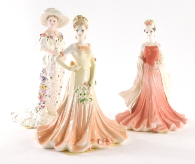 A Coalport Flower Ladies collection limited edition figure, Loveliest Jasmine, number 1599 of 2000, with certificate, printed marks beneath, 20cm high, and two further Coalport figures, The Lovely Lady Christabel, number 759 of 2500 and a 1998 Lady of Fas