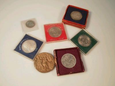 Lusitania medallion, Festival of Britain crown, 1935 crown, two Tonga crowns,