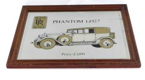 A Rolls Royce Phantom mirror, numbered 1,1927, price £1,850, with Rolls Royce badge and car on plain mirror plate, 34cm x 44cm, in wooden frame.