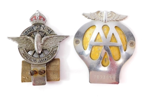 Two car badges, comprising an AA car badge, and a Civil Service Motoring Association badge. (2)