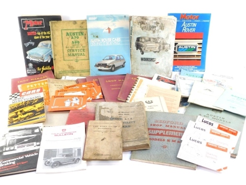 A group of car guides and manuals, to include shop manual for the Vauxhall model E, Rushton Hornsby car models, the Motor Magazine, Truck Light Utility Hillman guide, etc. (1 box)