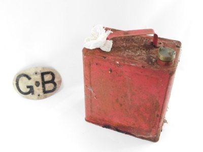 A vintage red petrol can, and a GB car sign. (2) - 2