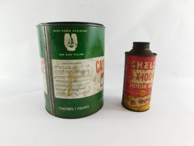 A Castrolease grease tin, and a Shell X100 motor oil tin. (2) - 3