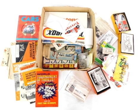 A group of car related ephemera, to include Cars Book, World Tournament of Thrills Rally Stock Car racing programmes, British Speedway Festival ticket stub, British cars guides, Observers book of Automobiles, Shell tokens, black and white photographs, etc