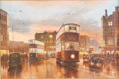 Don Brecken (20thC School). Tram scene, print on board, signed and dated 79, 50cm x 75cm, framed.