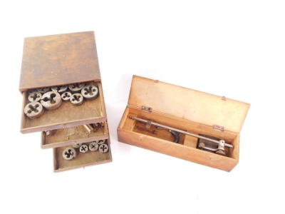 A group of steam loco parts, totem wheels, screws, tap dies, cased clamp, etc. (2 wooden boxes) - 2