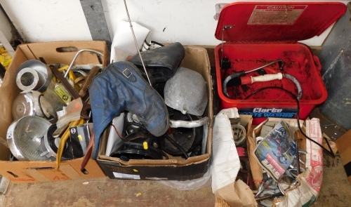 A group of automobilia parts, headlamps, tools, boots, gauges, etc. (a quantity)