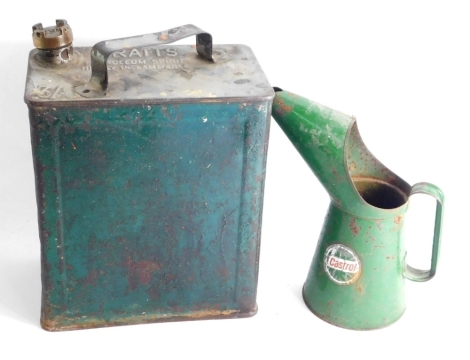 A Castrol oil jug and a Pratt's petrol tin. (2)