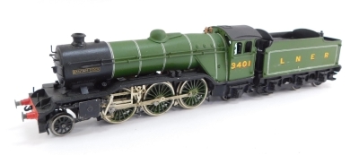 A kit built OO gauge Class V4 Bantam Cock locomotive, 3401, LNER green livery, 2-6-2.