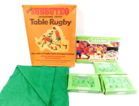 Subbuteo International Table Rugby., Subbuteo League Edition and pitch, Subbuteo Match Day Series C187/3 Officials Pack, C187/2 Management Pack, and C187/4 Emergency Services Pack.