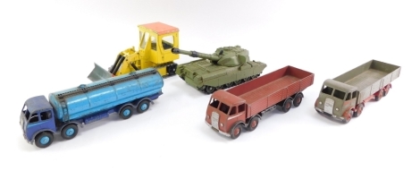 Dinky die cast, comprising a Foden tanker, two Foden flat bed trucks, a Dinky shovel dozer, and a Chieftain tank.