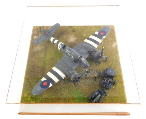 A diorama of a Bristol Beaufighter NE429 P-65 No 489 (NZ) Squadron, RAF Langham July 1944, with figures, in perspex case.