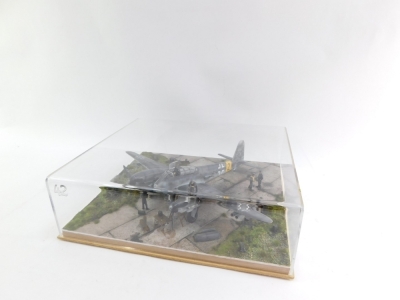 A diorama of a Messerschmitt Me 410B-2/U2/R221/2G 76 Brno Airfield, 1:48 scale, with figures, in a perspex case. - 2