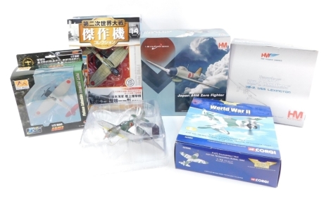 Six boxed die cast planes, to include Hobby Master Japan AXM0 fighter, a Hobby Master Douglas SBD-2 Dauntless, an Aviation Archive World War II Europe and Africa P-47D Thunderbolt mark II, etc. (6 boxed)