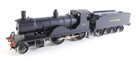 A kit built OO gauge Drummond Class T9 locomotive, Southern black livery, 4-4-0, 314.