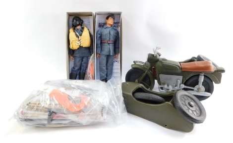 An Action Man figure in RAF uniform, with mask and life jacket, RAF groundsman figure, Third Reich motorbike and side car, clothing and further accessories. (a quantity)