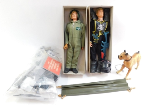 An Action Man pilot figure, Super Hero figure, dog, clothing, accessories and guns, etc. (a quantity)