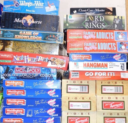 Various board games, to include five Pop Mike Reid's Pop Quiz game, Monopoly 2006 FIFA World Cup edition, Lord of Rings board games, Wings of War miniatures, Family Telly Addicts, Hangman, Go For It, Lord of The Rings, Classic Case of Murder, etc. (a quan