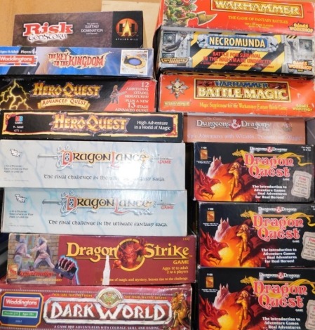 Dragon Quest, Dragon World and War Hammer board games, comprising Risk God Storm, The Key To the Kingdom, Hero Quest, Advanced Quest, Hero Quest, two Dragon Lance, Dragon Strike, Dark World, three Dungeons and Dragons Dragons Quest, The Classic Dungeon an