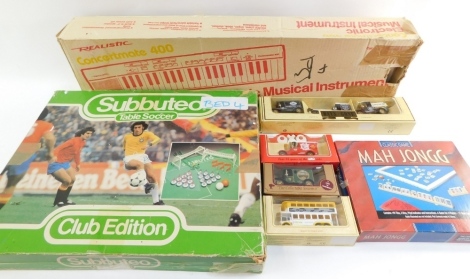 A group of toys and games, to include Subbuteo Club Edition, Days Gone Express Dairy model, Mah-jong set, OXO car, Lewis group commercial truck, view vans, car and an electronic musical keyboard. (a quantity)