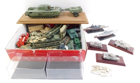 Various diecast models of tanks, armored vehicles, warships and submarines, to include HMS Hood, Bismarck, three tank models, glazed army vehicles, tank refuelers, etc. (2 trays)