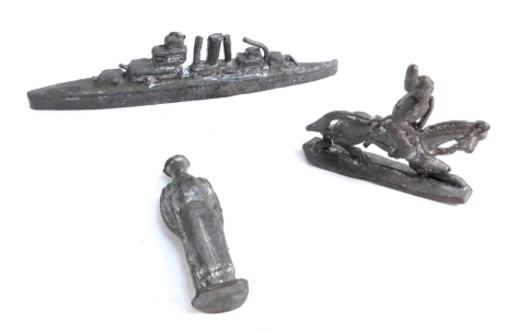 Lead army figures, submarine, naval officer and figure on a horseback. (3)