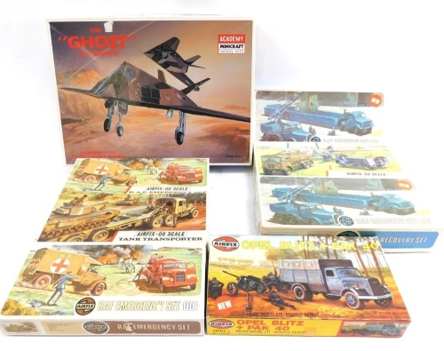 Boxed Airfix models, two RAF Recovery Set 00 scale, RAF re-fuelling set, tank transporters, two RAF Emergency Set, an Opel Blitz Plus pack PAK40, and an Academy Mini Craft model of the Ghost of Baghdad, all 00 scale. (8)