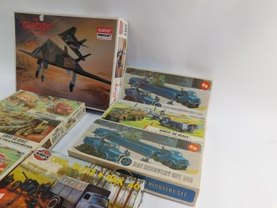 Boxed Airfix models, two RAF Recovery Set 00 scale, RAF re-fuelling set, tank transporters, two RAF Emergency Set, an Opel Blitz Plus pack PAK40, and an Academy Mini Craft model of the Ghost of Baghdad, all 00 scale. (8) - 2