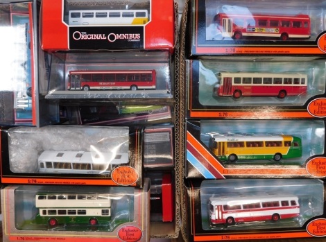 A group of Exclusive First Editions and Original Omnibus Company bus models, the Original Omnibus Company Executive Express, Midland Red, two Barton, Road Car, cruiser skills, National Express, Barton and Road Car, all boxed with display case, together wi