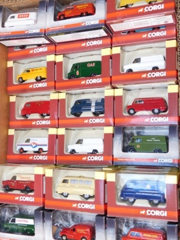 A group of Corgi Track Side models of vans, scale 1:76, to include models of Ford Transit, Robsons Cooperative, Swindon ambulance, Ross Frozen Foods, Holland Toffee, Royal Mail, BRS, Pickfords, Polloc Gas, Corgi toys, etc., all boxed. (27)