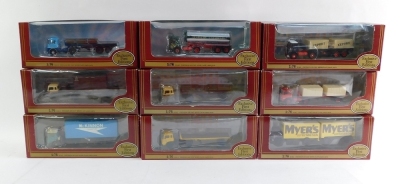 Nine Exclusive First Edition die cast scale models, commercials, Showerings Limited 36801, British Railways 22204, MC Kinnon 22102, SGB 22203, British Rail 22201, Leathers Chemicals 33301, semi trailer 19302, British Road Services 22202, and Myers Beds 24